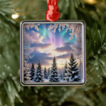 Adorno Metálico Bosque de invierno nevado, cristales de hielo, luc<br><div class="desc">Este ornamento cuenta con un bosque de invierno nevado por la noche,  con cristales de hielo y auroras en el cielo. Decoración romántica para tu Árbol de Navidad y también una maravillosa idea de regalo!</div>