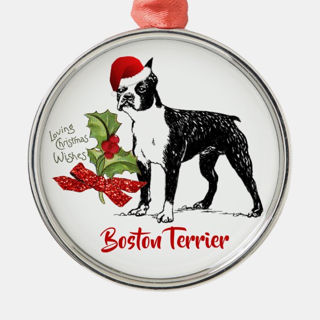 Adorno Metálico Boston Terrier w/Santa Cap Holly Christmas (Frente)