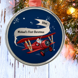 Adorno Metálico Boy First Christmas Santa Airplane Personalizado