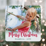 Adorno Metálico Brillante guión moderno Feliz Navidad Simple Foto<br><div class="desc">Celebre las simples alegrías de las vacaciones con un colorido y moderno adorno metalizado de 2 fotos cuadradas. Las imágenes y todo el texto de esta plantilla son fáciles de personalizar y pueden ser diferentes o iguales al principio y al revés. Puede incluir cualquier texto, como Feliz Navidad, Felices Fiestas,...</div>