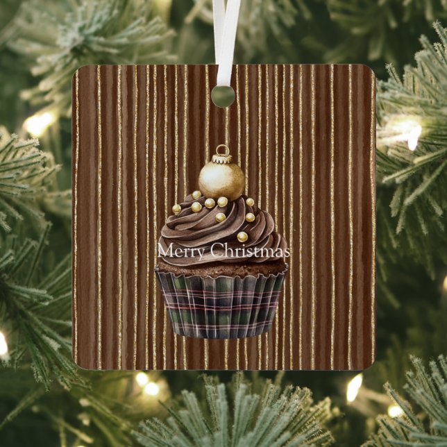 Adorno Metálico Brown Stripes Gold Ornament Christmas Cupcake   (in situ)