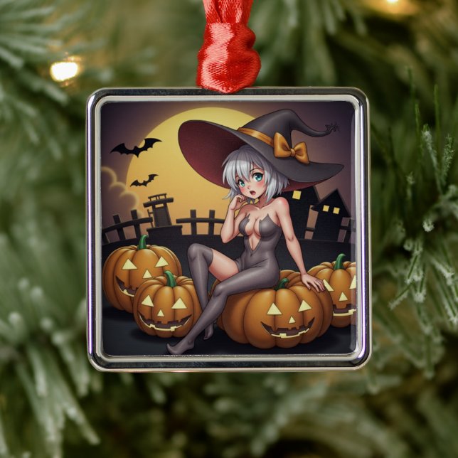 Adorno Metálico Bruja de Halloween con ojos verdes sobre Jack-O-La (Árbol)