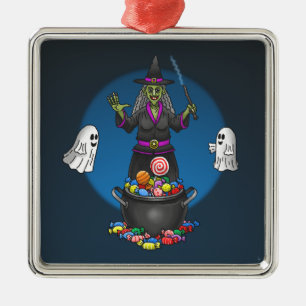 Adorno Metálico Bruja verde y fantasmas Halloween Trick o Trete