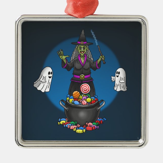 Adorno Metálico Bruja verde y fantasmas Halloween Trick o Trete (Frente)
