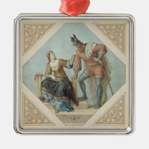 Adorno Metálico Brunilda y Hagen, ilustracion para 'el Niebelu