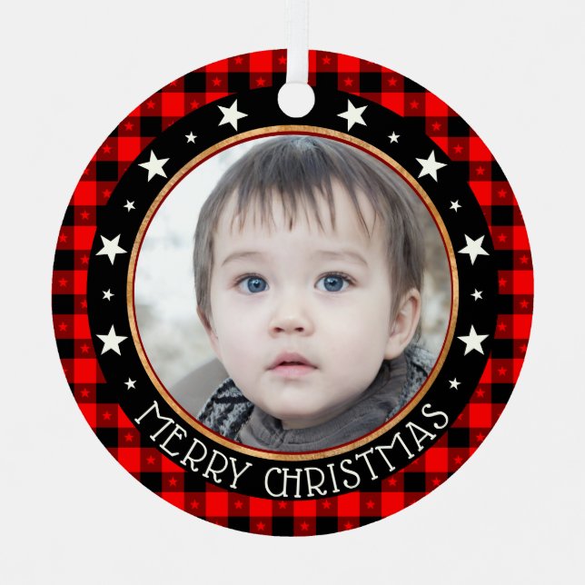 Adorno Metálico Búfalo Rojo y Estrellas Feliz Personalizado de Nav (Anverso)