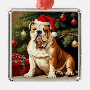Adorno Metálico Bulldog inglés en Santa hat,