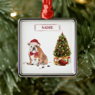 Adorno Metálico Bulldog inglés Navidades graciosos perro con árbol