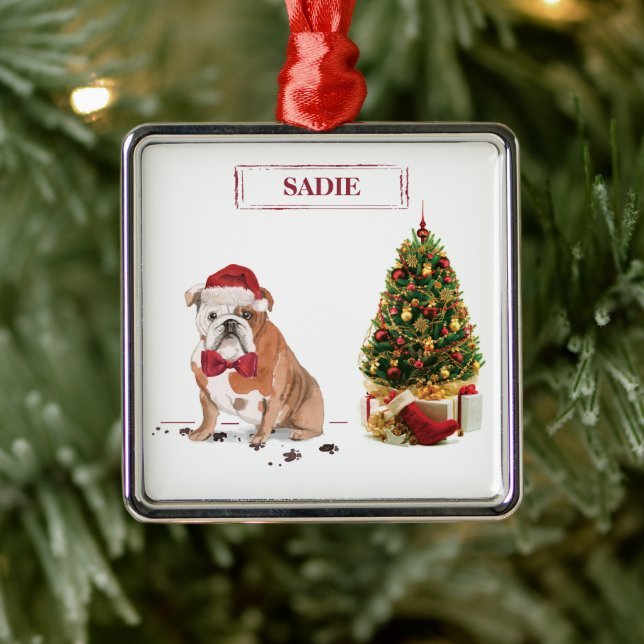 Adorno Metálico Bulldog inglés Navidades graciosos perro con árbol (Árbol)