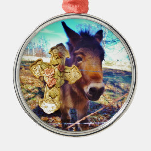 Adorno Metálico Burro con cruz Rosa