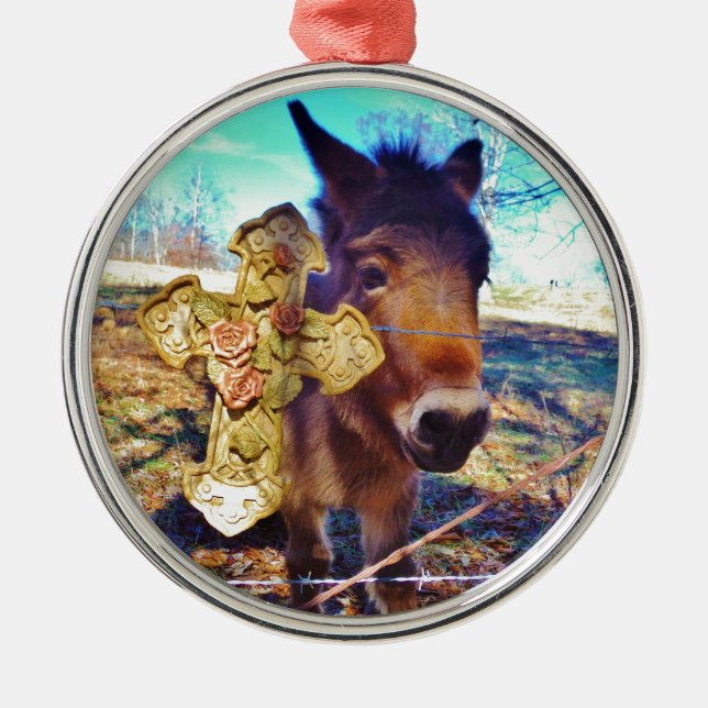 Adorno Metálico Burro con cruz Rosa (Frente)