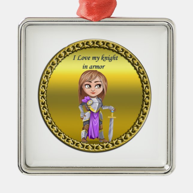 Adorno Metálico Caballero morado y plateado en su armadura y espad (Frente)