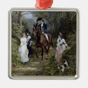 Adorno Metálico Caballeros a caballo se reúnen damas en un bosque