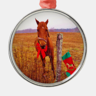 Adorno Metálico Caballo de Navidad con lazo y calcetín