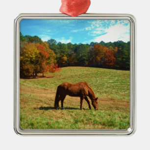 Adorno Metálico Caballo marrón rojo, cielo azul Verde azulado