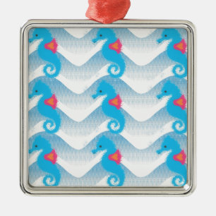 Adorno Metálico Caballos De Mar Y Patrón De Ondas Azules
