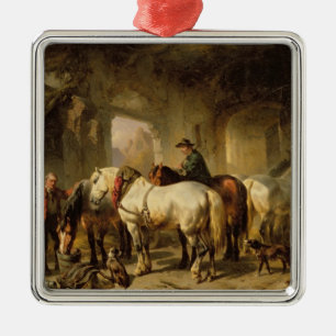 Adorno Metálico Caballos que alimentan en el establo