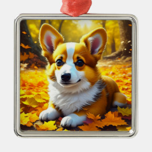 Adorno Metálico Cachorro de Corgi jugando en las hojas de otoño