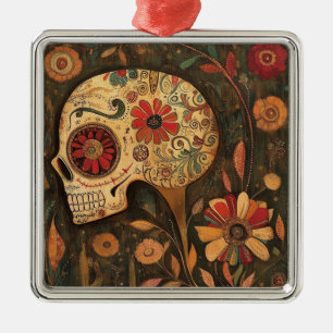 Adorno Metálico Calavera decorada del Día de Muertos de otoño