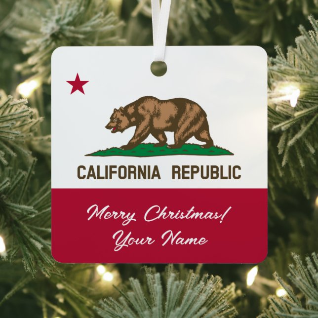Adorno Metálico California Republic state flag custom Christmas (in situ)