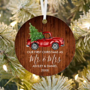 Adorno Metálico Calligraphy Wood Sr Sra. Navidades Red Truck