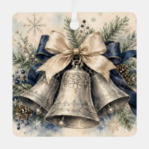 Adorno Metálico Campanas de Navidad de Plata Elegantes en Acuarela