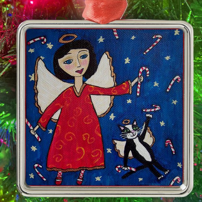Adorno Metálico Candy Cane Angel Cat Navidades Arte Popular (Angel red dress floating in sky with angel cat and candy canes on Christmas hanging ornament.)