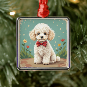 Adorno Metálico Caniche blanco adorable con corbata de lazo