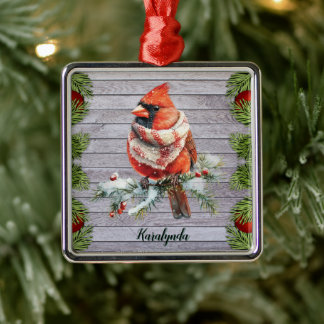 Adorno Metálico Cardenal de Navidad Rústico Agrega tu Nombre