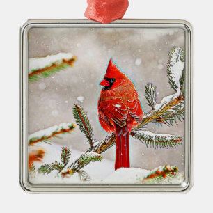 Adorno Metálico Cardenal en un pino en invierno