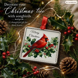 Adorno Metálico Cardenal Rojo de Navidad y Acebo