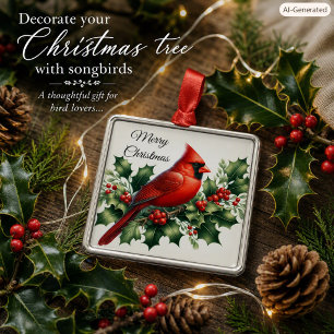 Adorno Metálico Cardenal Rojo de Navidad y Acebo