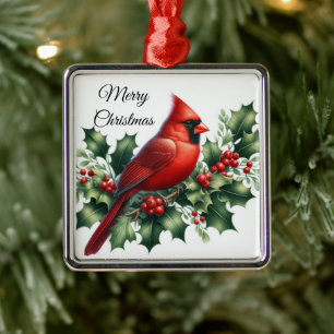 Adorno Metálico Cardenal Rojo de Navidad y Acebo