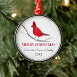 Adorno Metálico Cardenal rojo Merry Christmas Bird Winter<br><div class="desc">Pájaro cardenal rojo,  Feliz Navidad,  invierno,  monumento conmemorativo,  rústico ornamento cerámico. Acuarela,  adorno navideño.</div>