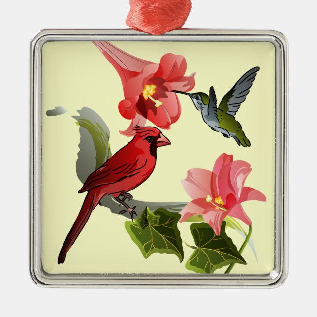 Adorno Metálico Cardenal y colibrí con lirios rosados e hiedra (Frente)
