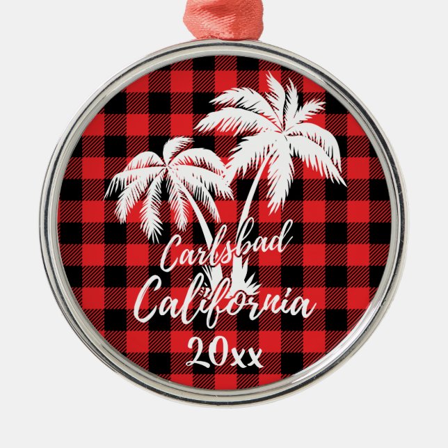 Adorno Metálico Carlsbad California Beach Palm Tree Red Plaid (Frente)