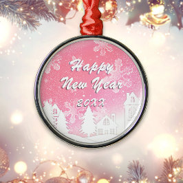 Adorno Metálico Casa Blanca de Nieve Rosa Feliz Año Nuevo