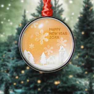 Adorno Metálico Casa de nieve blanca Gold Brown Feliz Año Nuevo