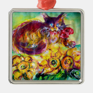 ADORNO METÁLICO CAT CON RIBÓN ROJO Y FLORES