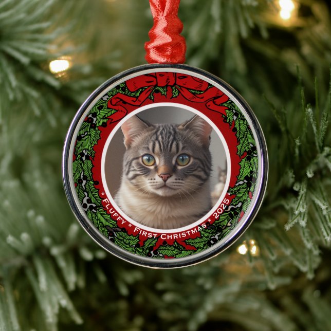 Adorno Metálico Cat Custom photo First Christmas wreath  (Árbol)