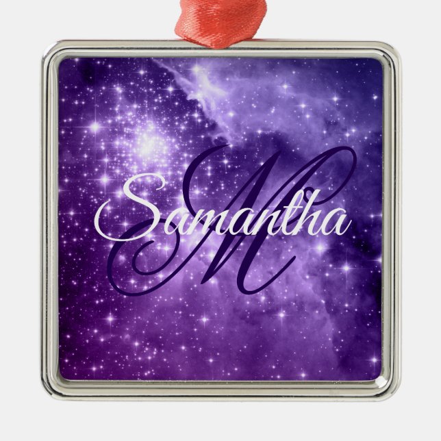 Adorno Metálico Celestial Purple Starry Sparkle Fancy Monogram (Frente)