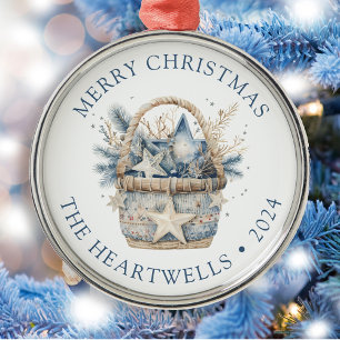 Adorno Metálico Cesta Azul Personalizada Feliz Navidad