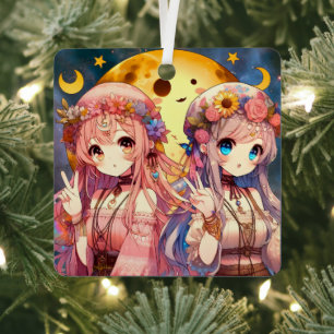 Adorno Metálico Chica Anime Hippie Luna Chicas Dando Signo de Paz