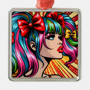 Adorno Metálico Chica Bonita del Cómic de Arte Pop con Lazos
