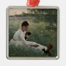 Adorno Metálico Chica con gatos en un paisaje veraniego (gatitos)