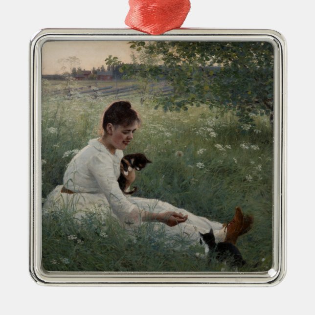 Adorno Metálico Chica con gatos en un paisaje veraniego (gatitos) (Frente)