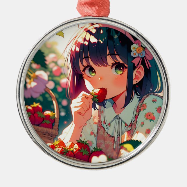 Adorno Metálico Chica de anime cutáneo comiendo fresas (Frente)