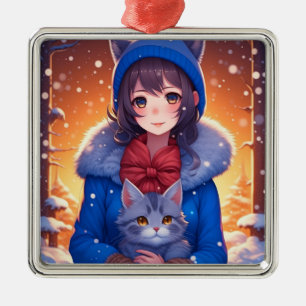 Adorno Metálico Chica de Anime y un Gatito Invierno Navidad