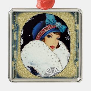 Adorno Metálico Chica Flapper de Navidad Abrigo de piel blanca gra