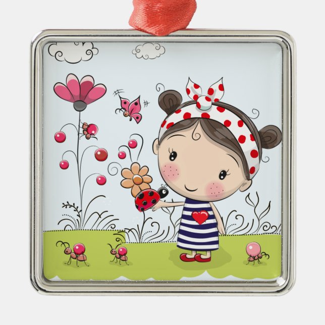 Adorno Metálico Chica lindo del dibujo animado con la mariquita en (Frente)
